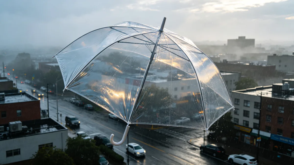 a huge transparent umbrella spans above rooftops in rain and mist, suggesting weather protection, urban resilience, insurance, shelter, climate adaptation, and fragile safety over a city.