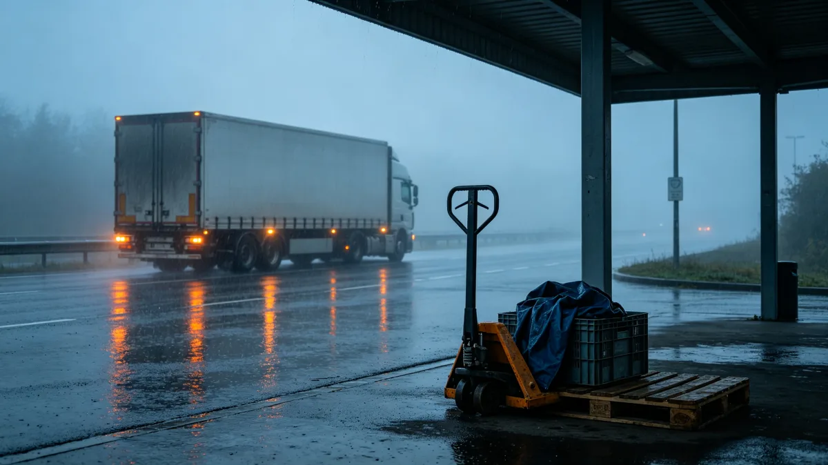 truck at rainy loading dock with pallet jack and freight