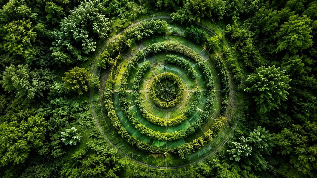 A spiral pattern of green vegetation forms a circular forest texture.