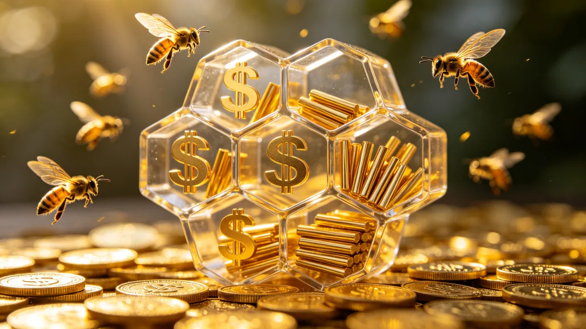 Bees fly around a glowing honeycomb filled with dollar symbols, coins, and gold bars, linking work, productivity, stored value, and the sweetness of earned income.