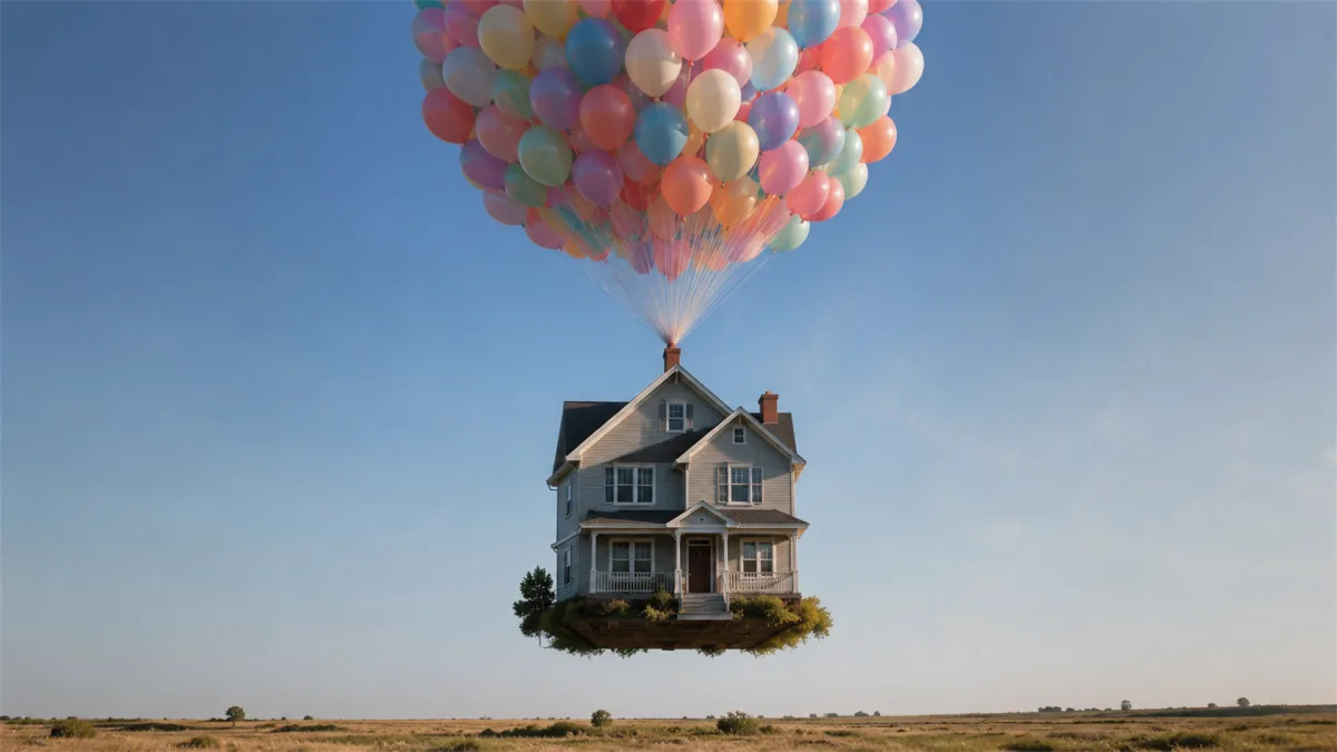 A house floats upward beneath colorful balloons in an open field, suggesting rising home prices, speculative housing markets, or dreams of ownership moving out of reach.