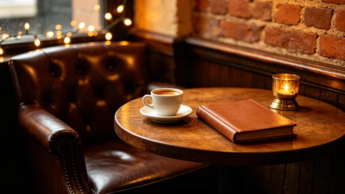 espresso cup on cozy cafe table with notebook and candle